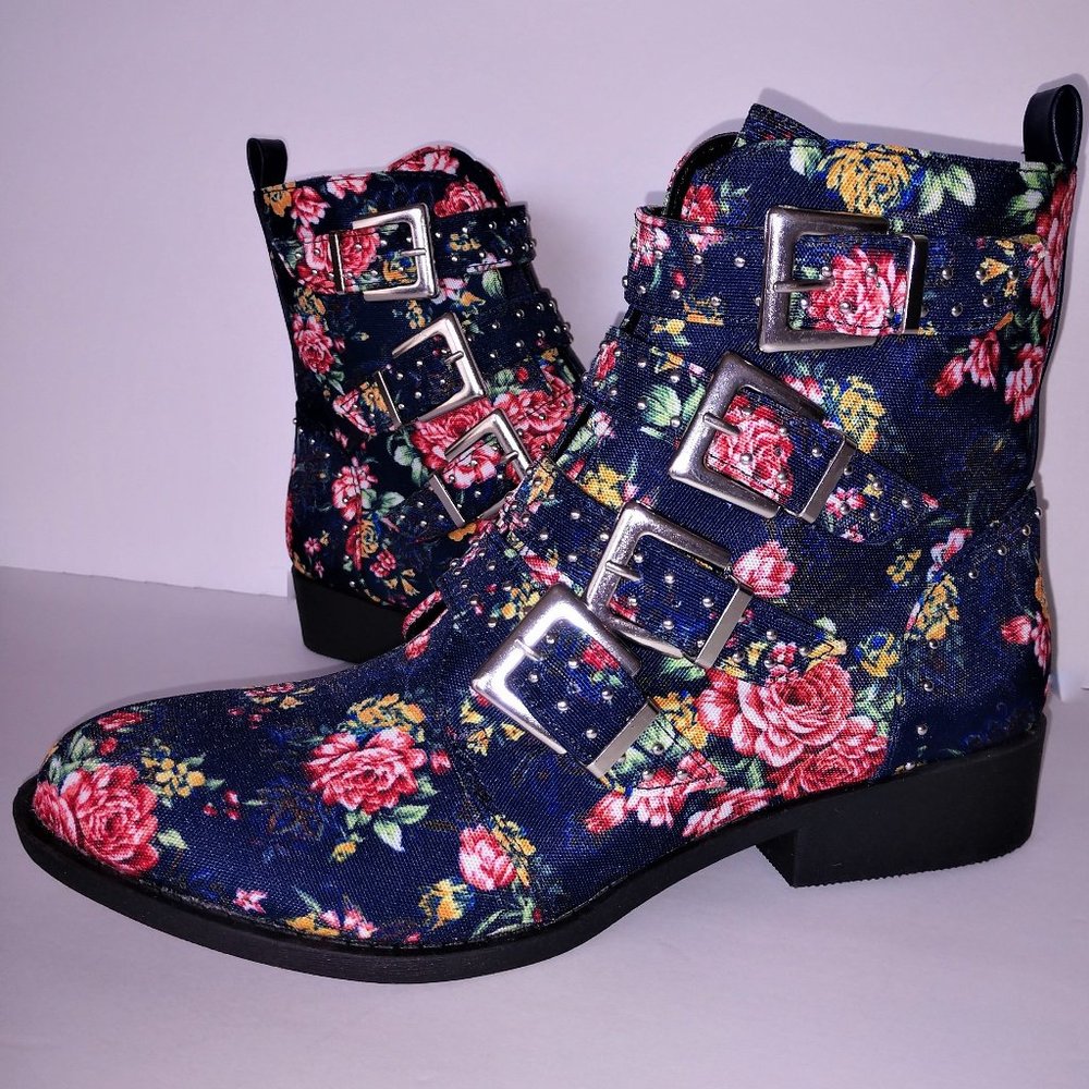 Qupid Rose Print Blue Denim Ankle Boots Buckles 5.5 - 10